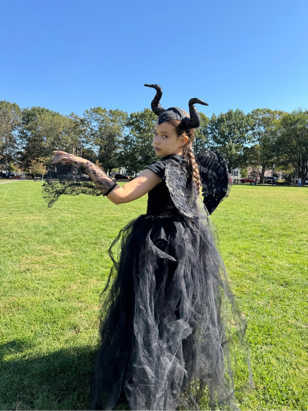 Halloween costume. Black Maleficent-Inspired Kids Costume with Horns and Wings